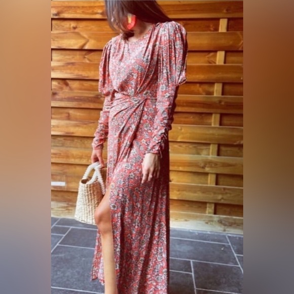 ZARA Floral Printed Long Puff Ruched Sleeve Draped‎ Midi Dress Size Small - Picture 4 of 16